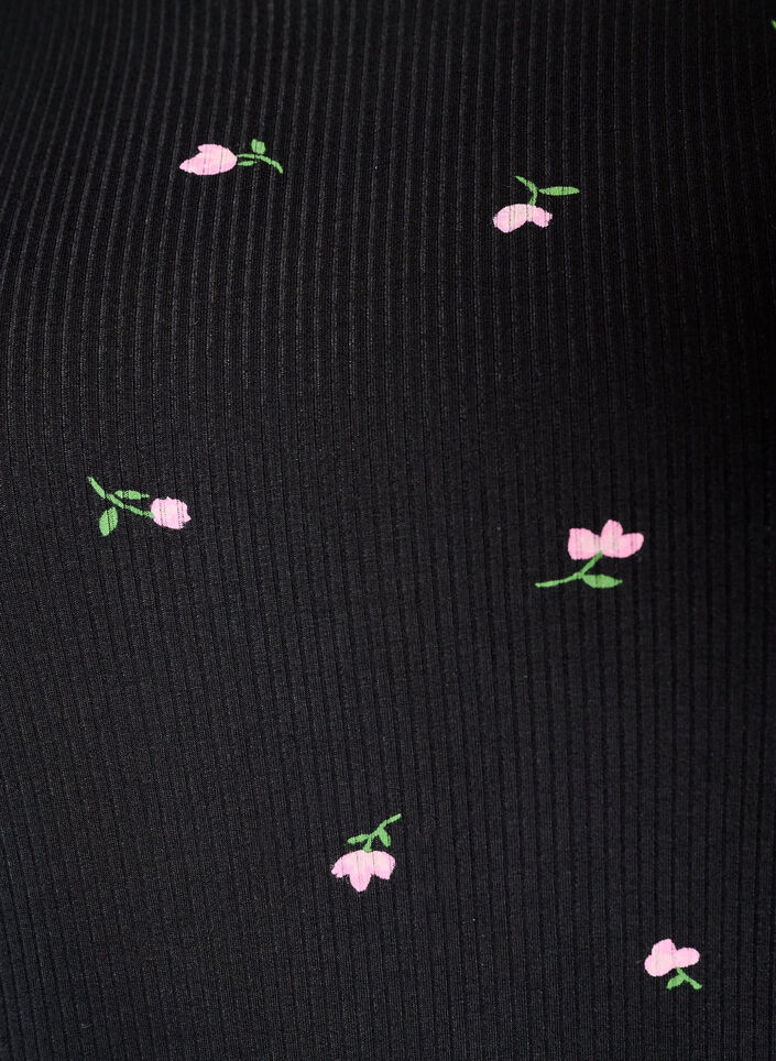 Pyjama top with floral print and ribbed texture, Black, Packshot image number 2