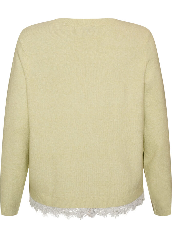 Knitted blouse with lace trim at the hem, Green, Packshot image number 1
