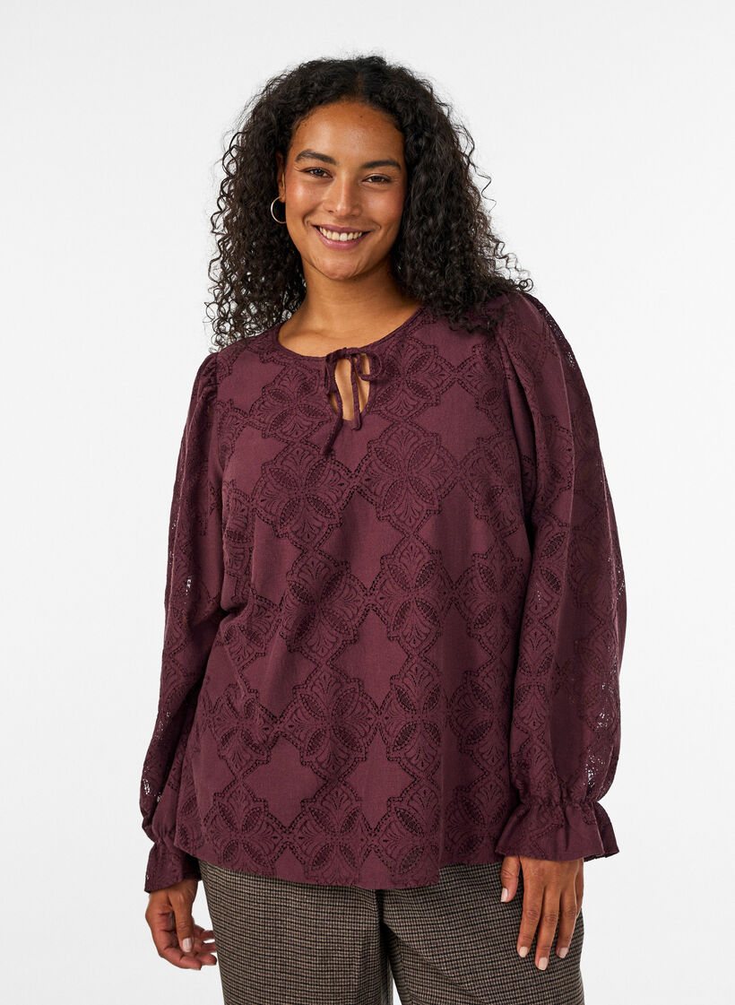 Long-sleeved blouse with lace pattern, Dark Bordeaux, Model image number 0