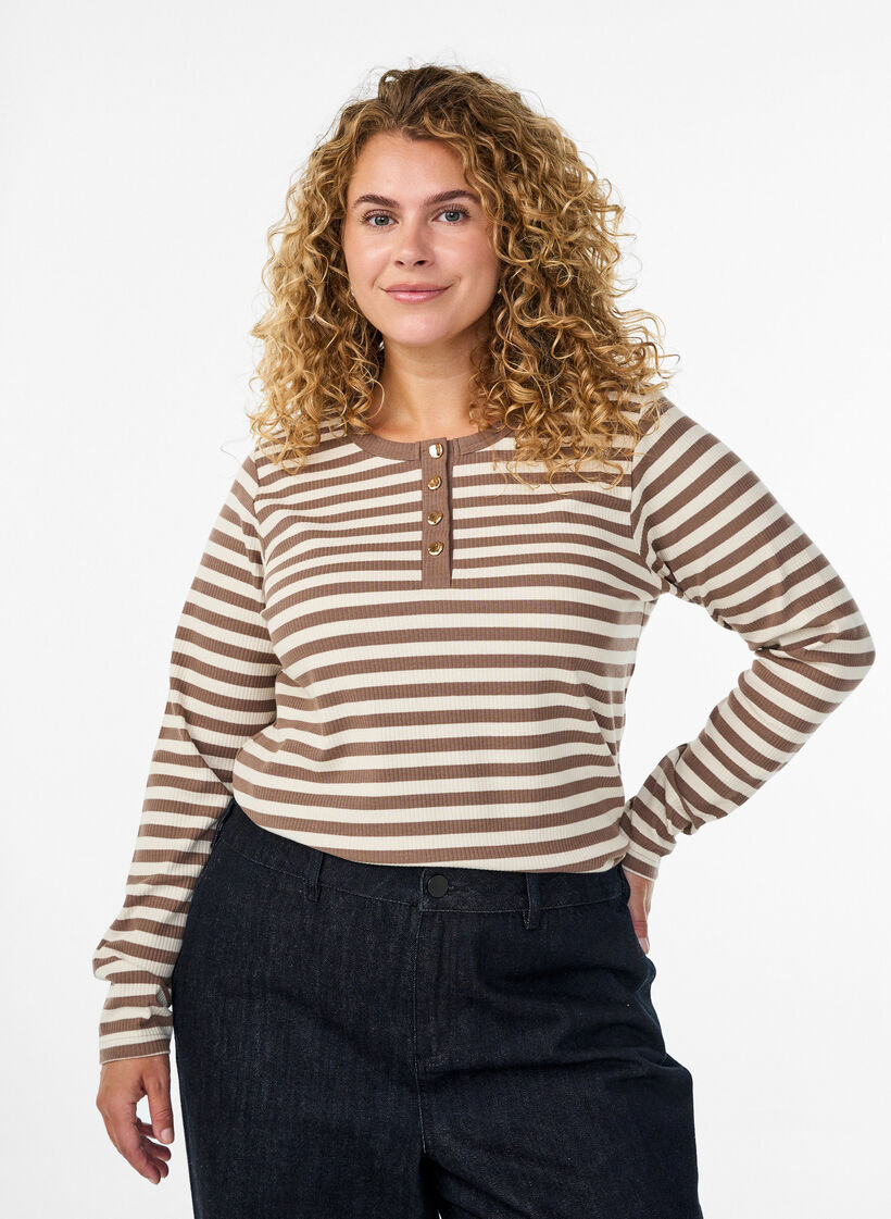 Striped jersey blouse with a ribbed texture, Vanilla, Model image number 0