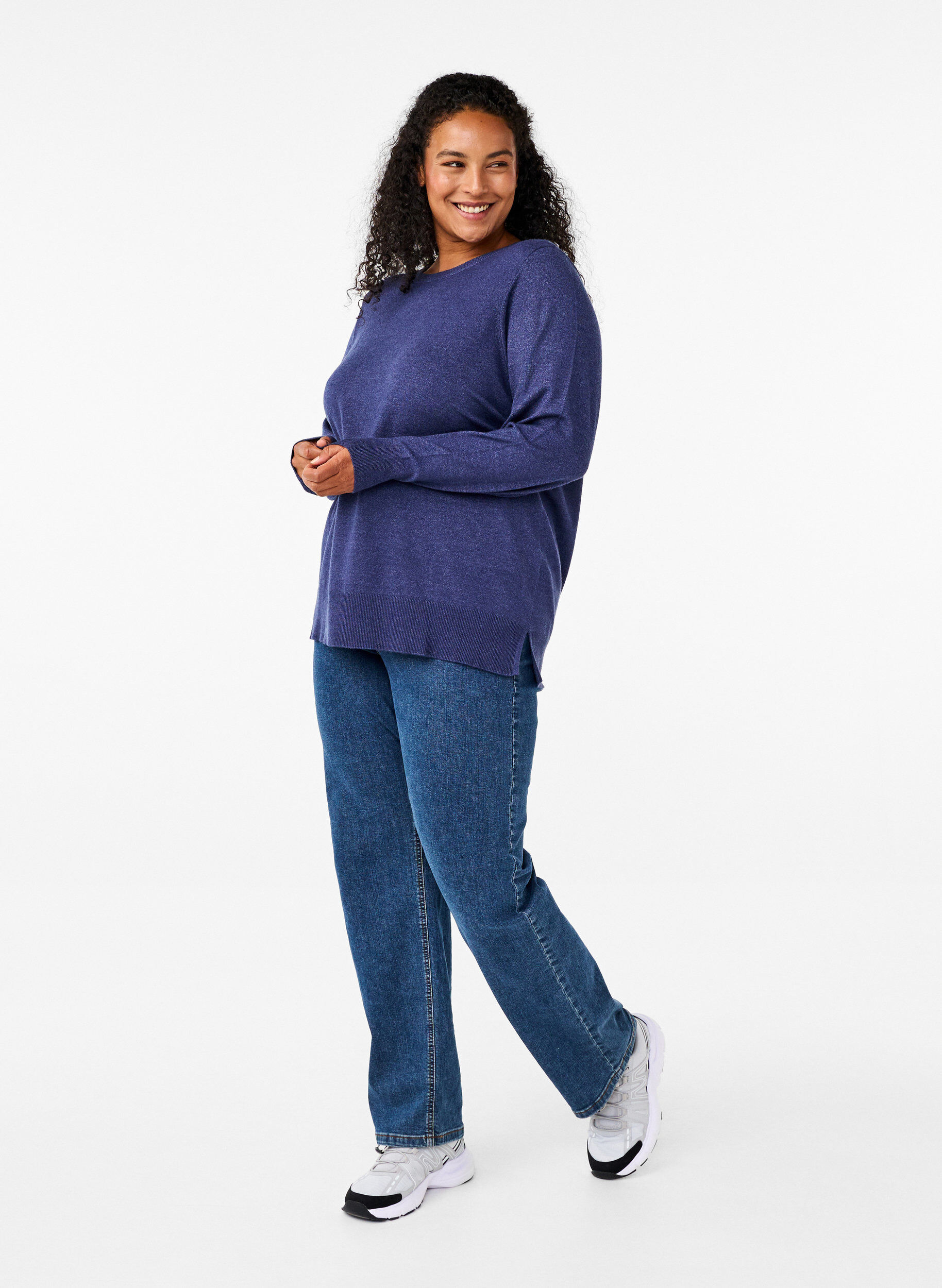 Zizzifashion Long-sleeved knitted blouse with slit, Blue, Model image number 1