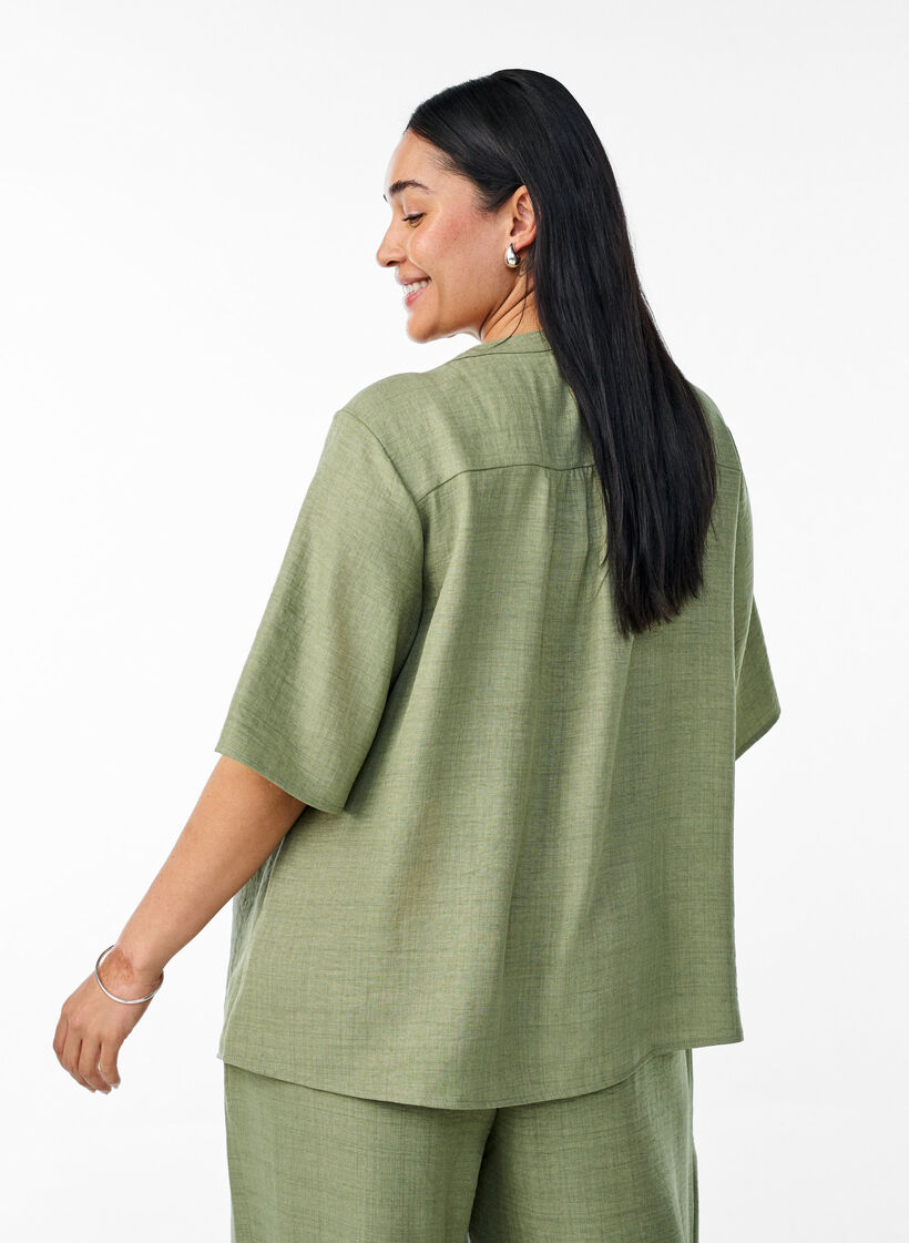 V-neck shirt blouse with short sleeves, Green, Model image number 2
