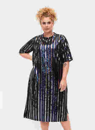 Short sleeved sequin dress with slit, Evening Blue Stripe , Model
