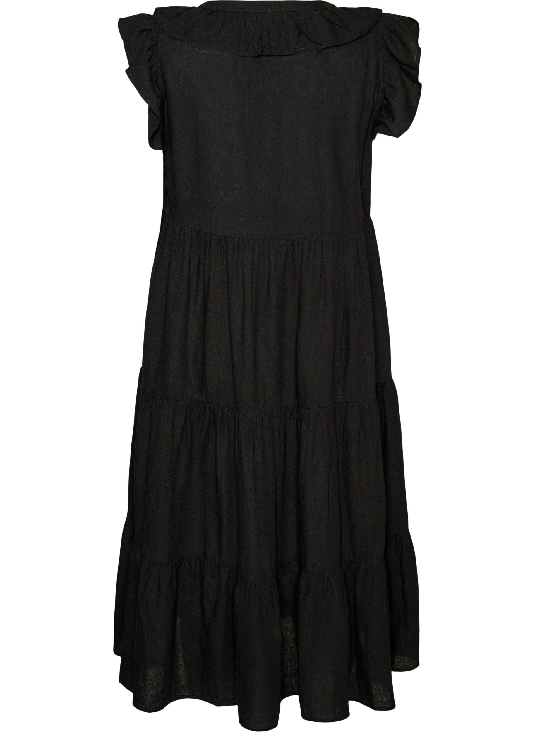Zizzifashion Sleeveless midi dress in linen and viscose with ruffles, Black, Packshot image number 1
