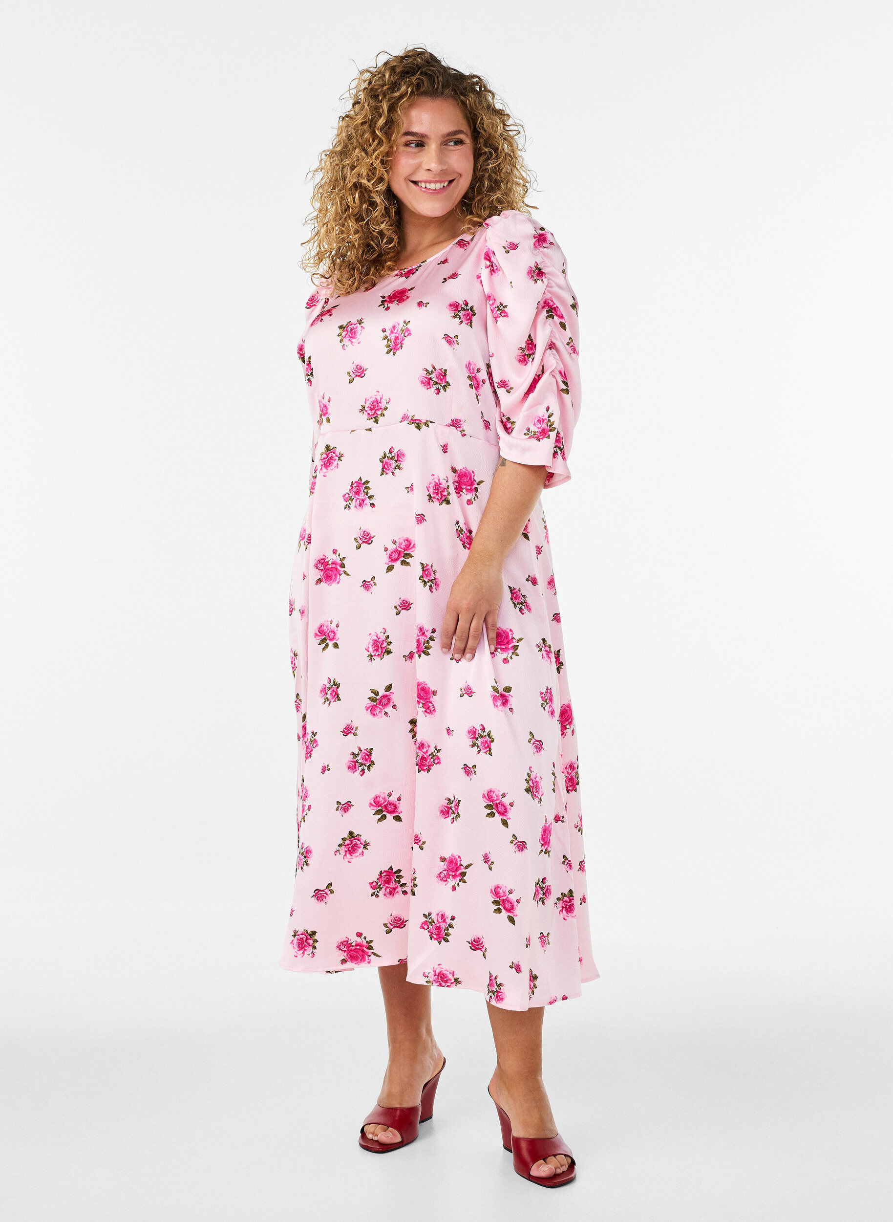 ZizzifashionFloral midi dress with puff sleeves, Pink, Model image number 0
