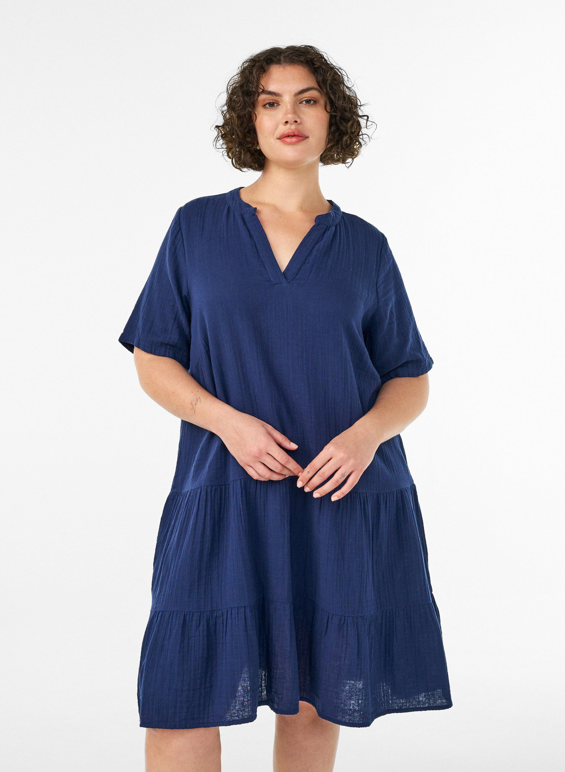 ZizzifashionShort A-line dress in cotton muslin, Blue, Model image number 0