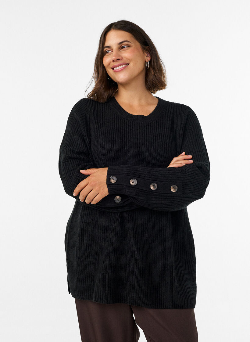 Knitted blouse with ribbed texture and button details, Black, Model image number 0
