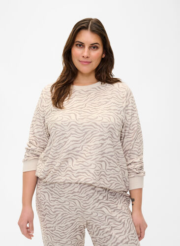 Long-sleeved velour blouse with print, Pink Tint AOP, Model image number 0