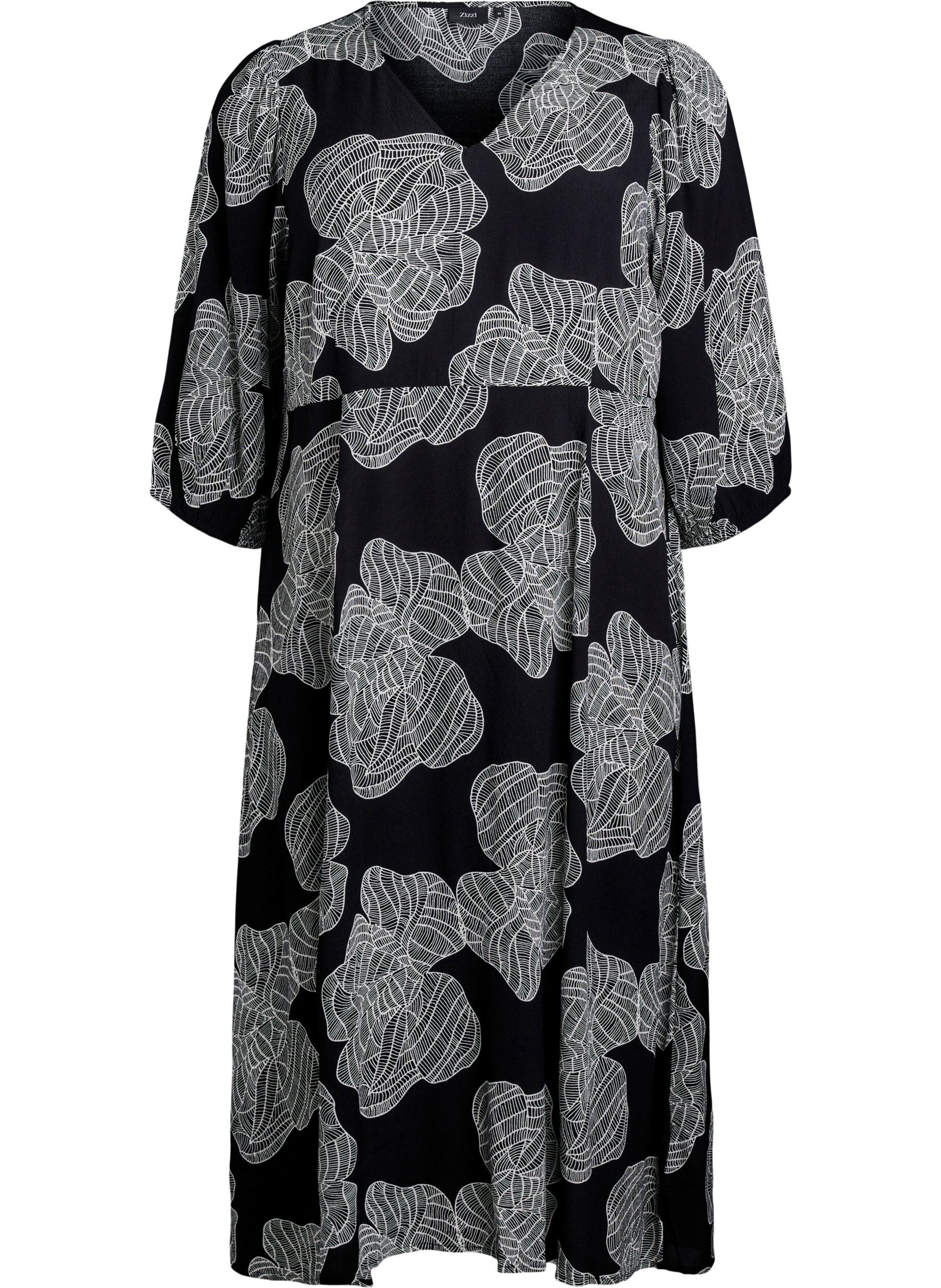 Zizzifashion Midi dress with floral print and 3/4 sleeves, Black, Packshot image number 0