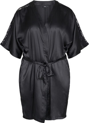 Dressing gown with lace, Black, Packshot image number 0