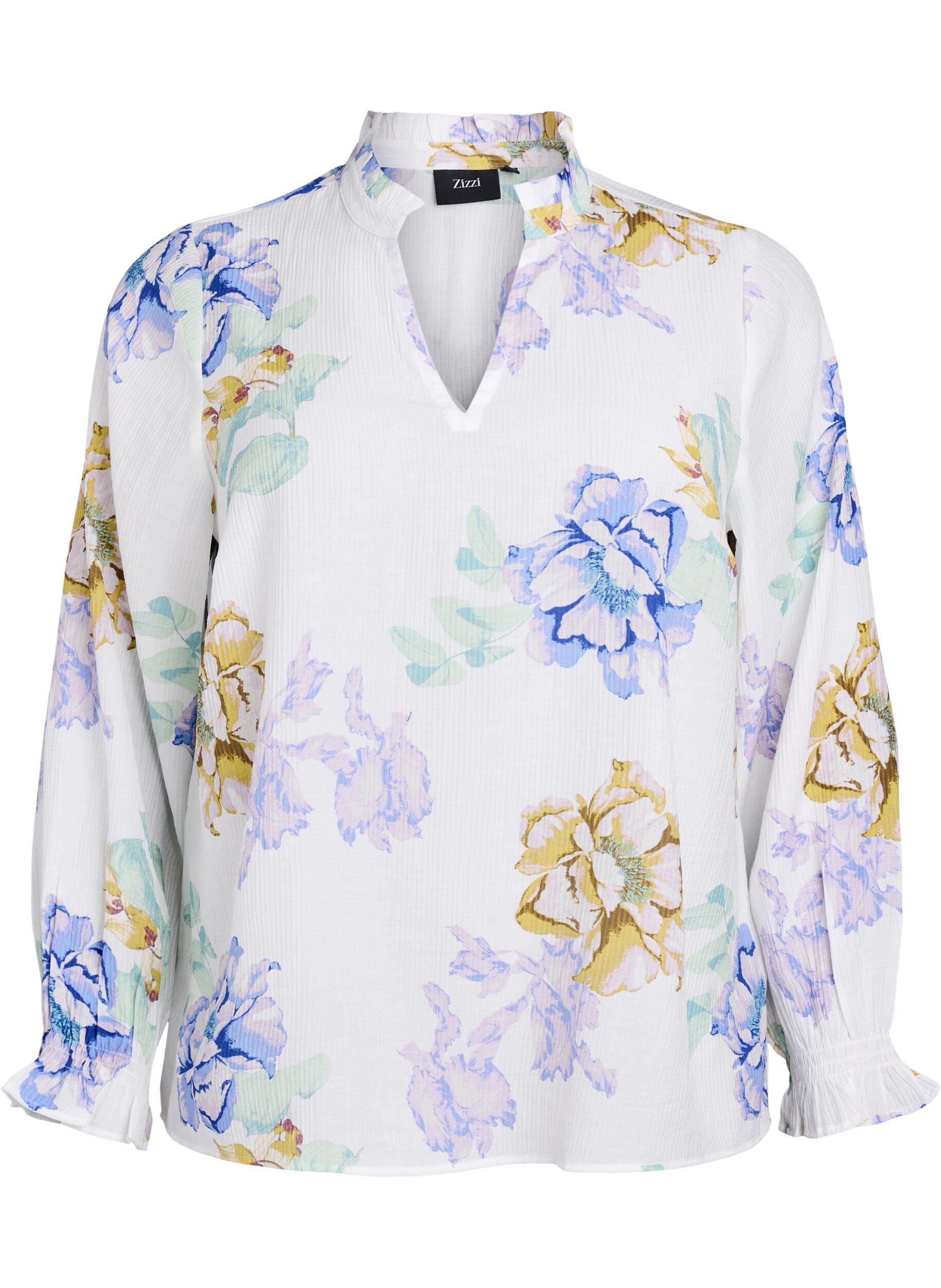 Zizzifashion Pleated blouse with long sleeves and floral print, White, Packshot image number 0