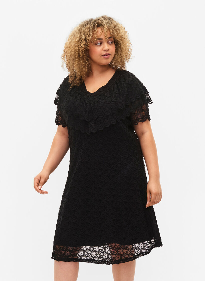 Short-sleeved blonde dress with wide frills, Black, Model image number 0