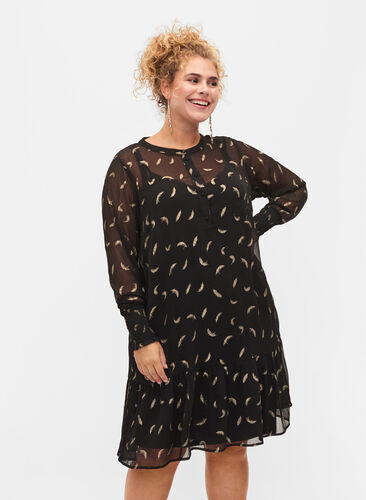 Dress with a-shape and smock, Black, Model image number 0