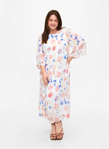 Floral pleated dress with drawstring, White/Blue Floral, Model image number 0
