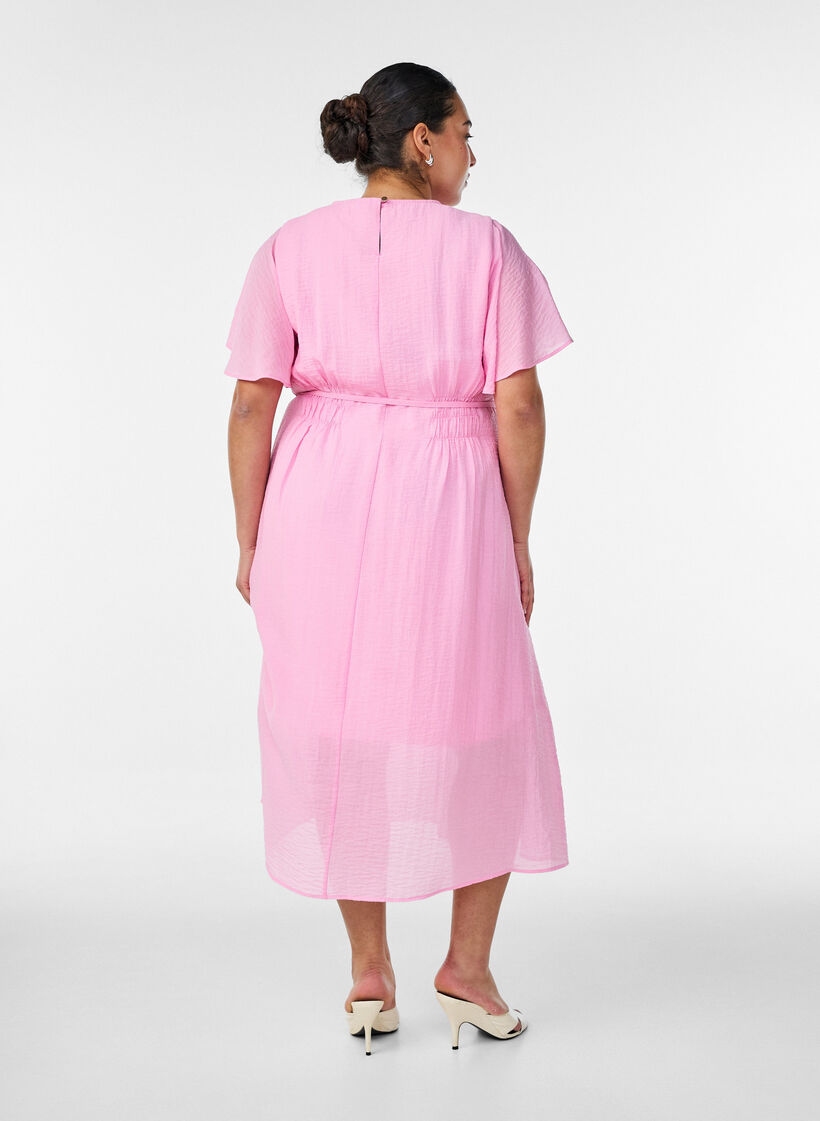 Ankle-length dress with flutter sleeves and tie-waist, Pink, Model image number 1