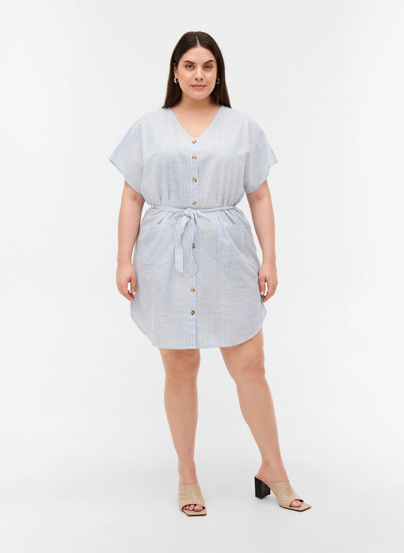 Striped shirt dress in cotton with pockets, Country Blue Stripe, Model image number 2