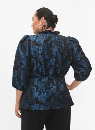 Jacquard wrap blouse with 3/4 sleeves, Black Blue, Model image number 1