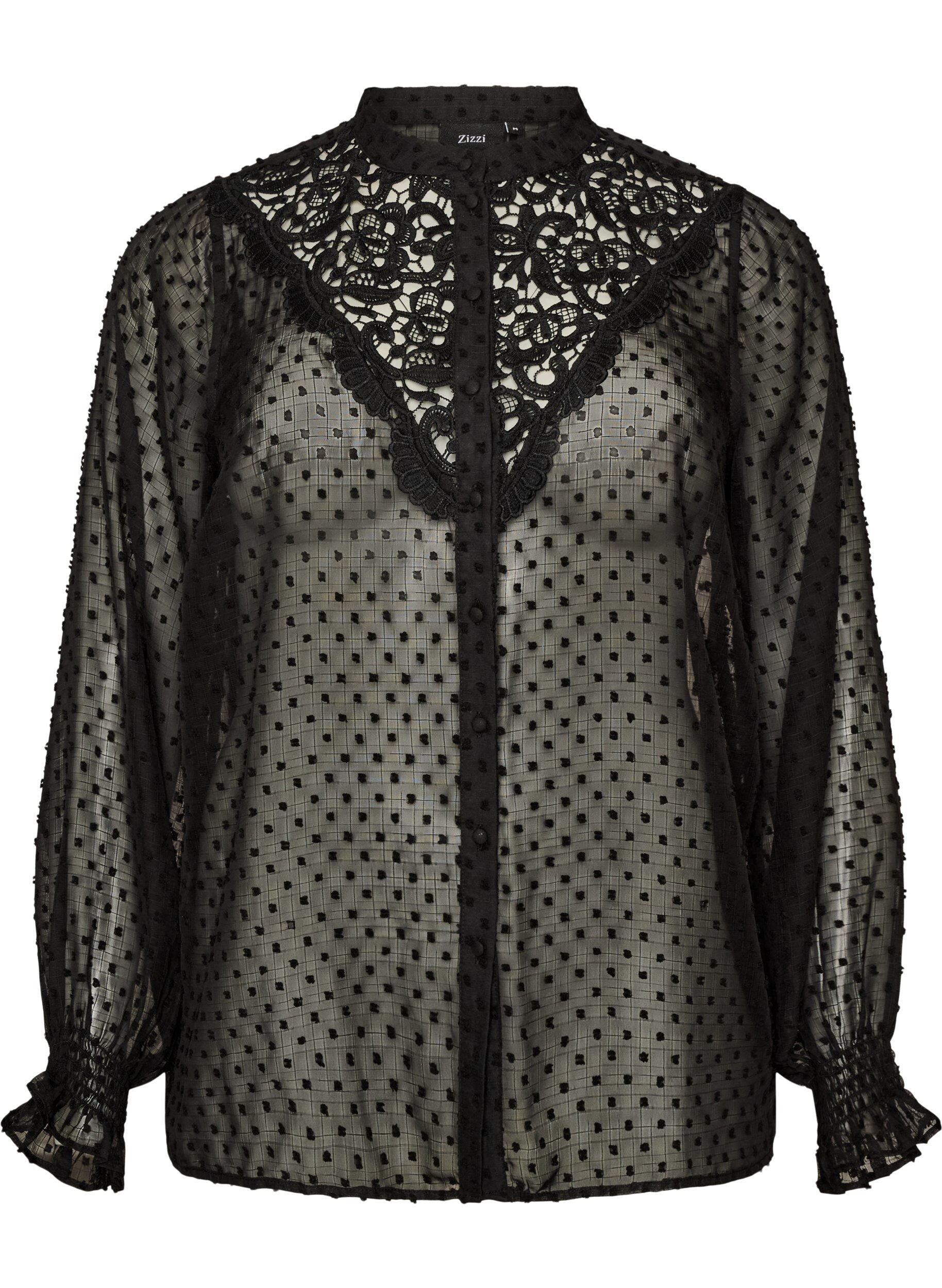 Shirt blouse with lace insert and dot pattern