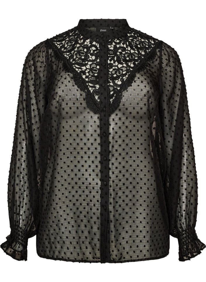 Shirt blouse with lace insert and dot pattern, Black, Packshot image number 0