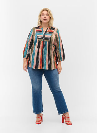 Striped blouse with 3/4 sleeves, Multi Stripe AOP, Model image number 2