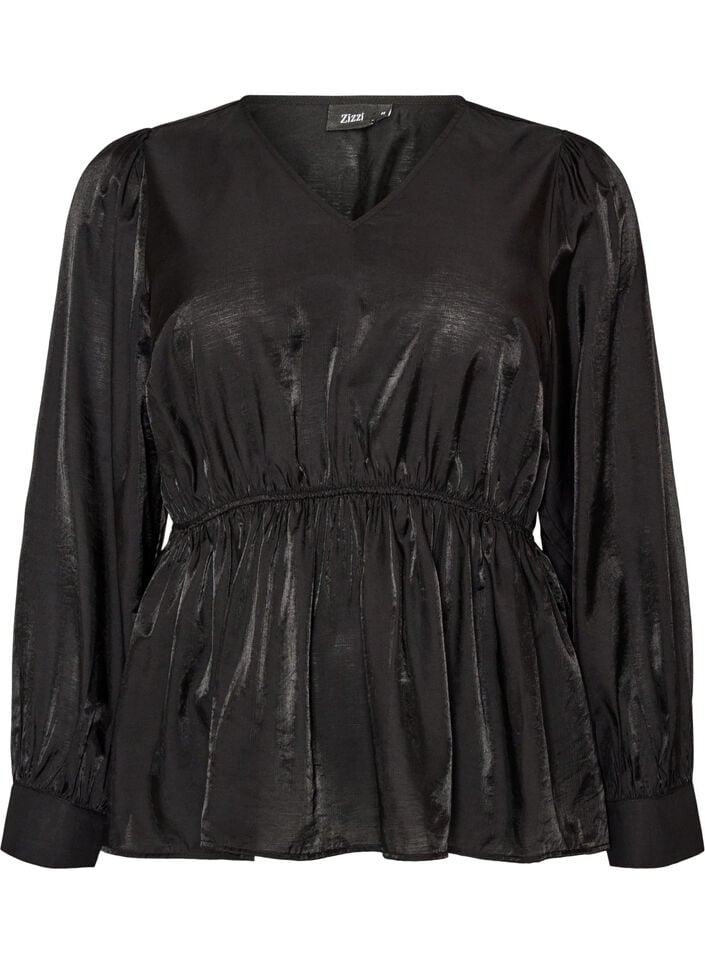 Shiny viscose blouse with peplum effect, Black, Packshot image number 0