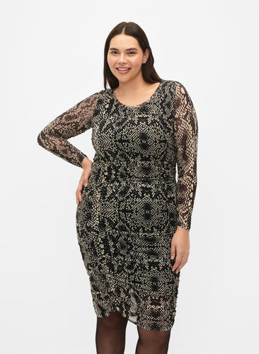 Tight-fitting mesh dress with print, Snake Print, Model image number 0