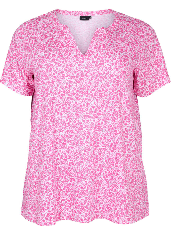 Floral cotton t-shirt with v-neck - Pink - Sz. 42-60 - Zizzifashion
