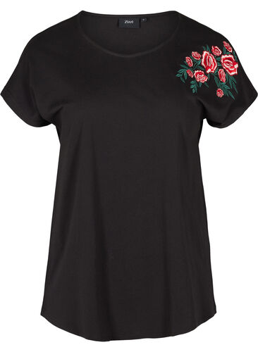 Short-sleeved cotton t-shirt with embroidery, Black, Packshot image number 0