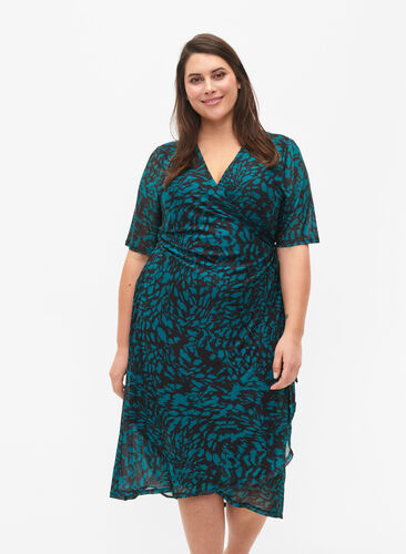Printed wrap midi dress, Black Green AOP, Model image number 0