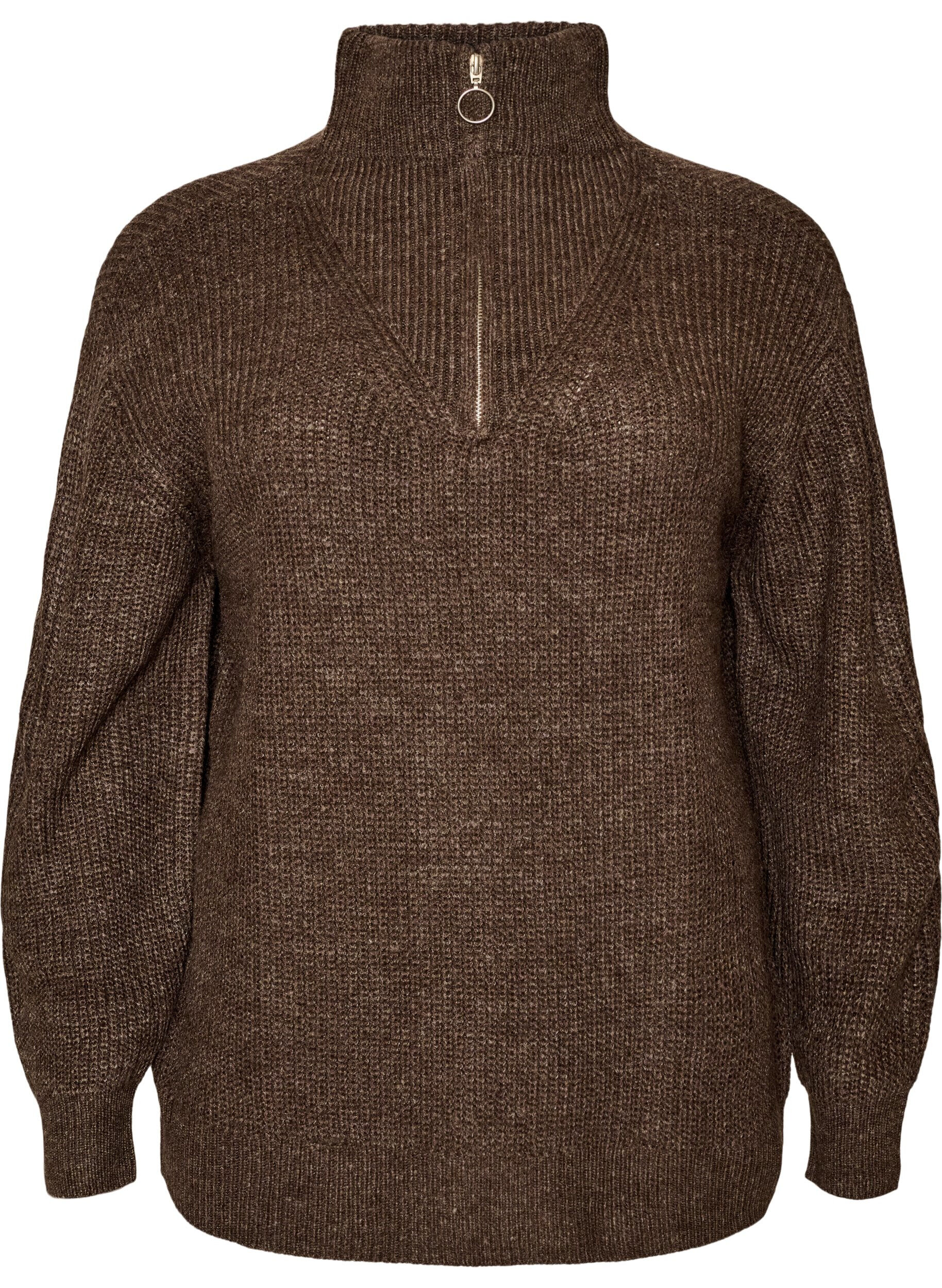 ZizzifashionKnitted sweater with high neck and zipper, Brown, Packshot image number 0