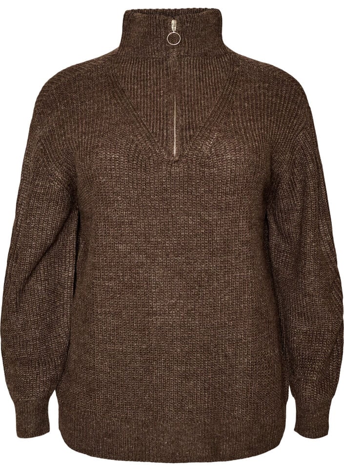 Knitted sweater with high neck and zipper, Brown, Packshot image number 0
