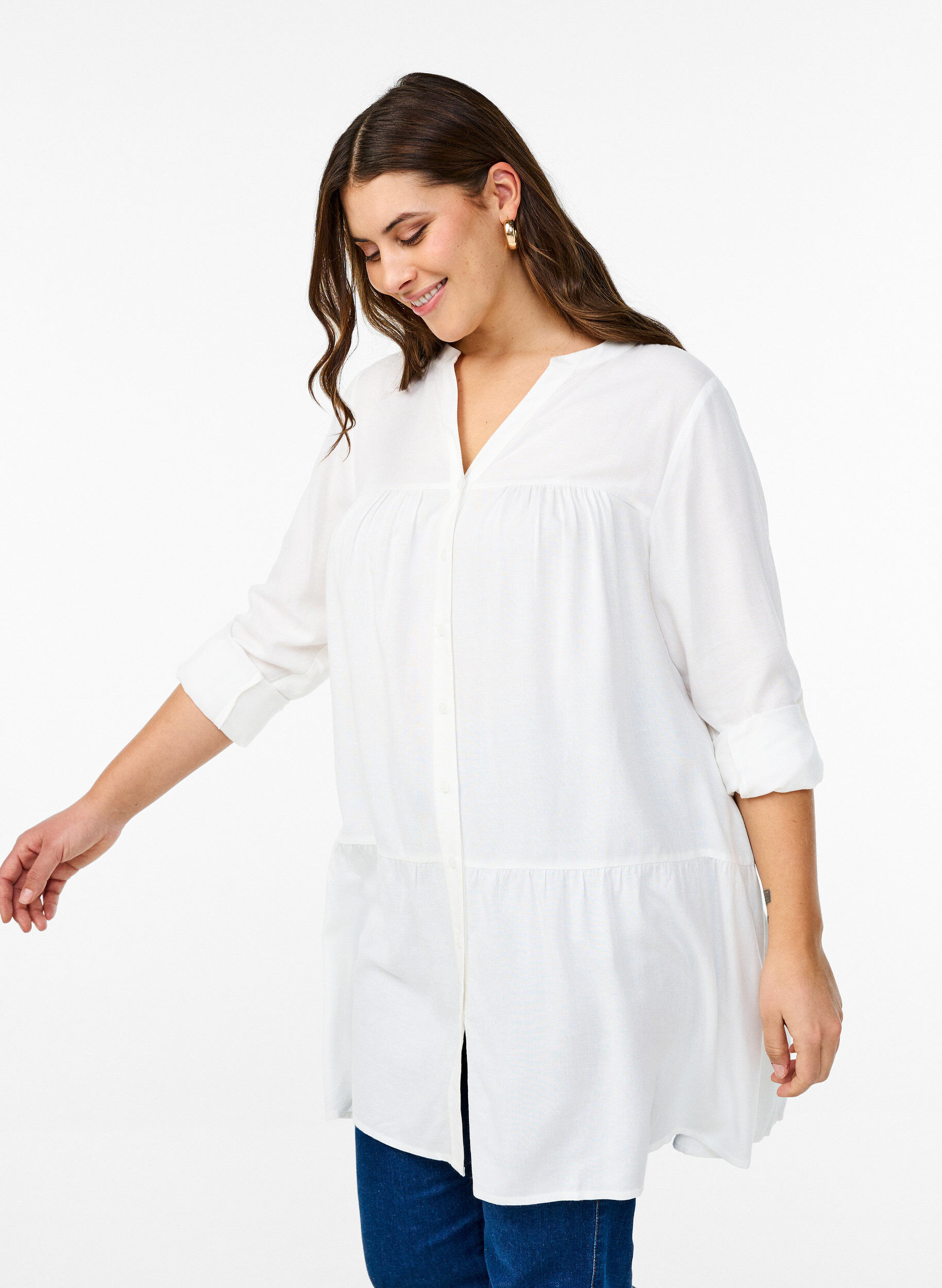 Zizzifashion Tunic with V-neckline and gathered details, White, Model image number 3