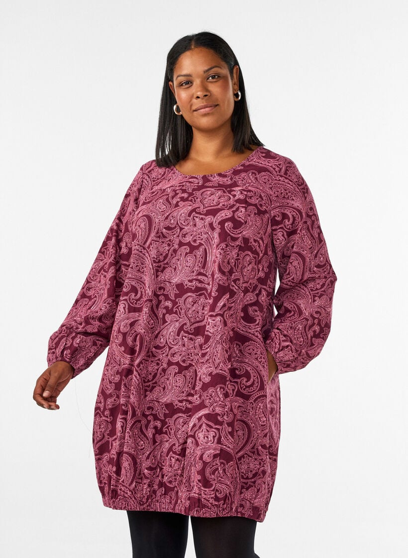 Short cotton dress with an elasticated hem and long sleeves, Dark Bordeaux, Model image number 0