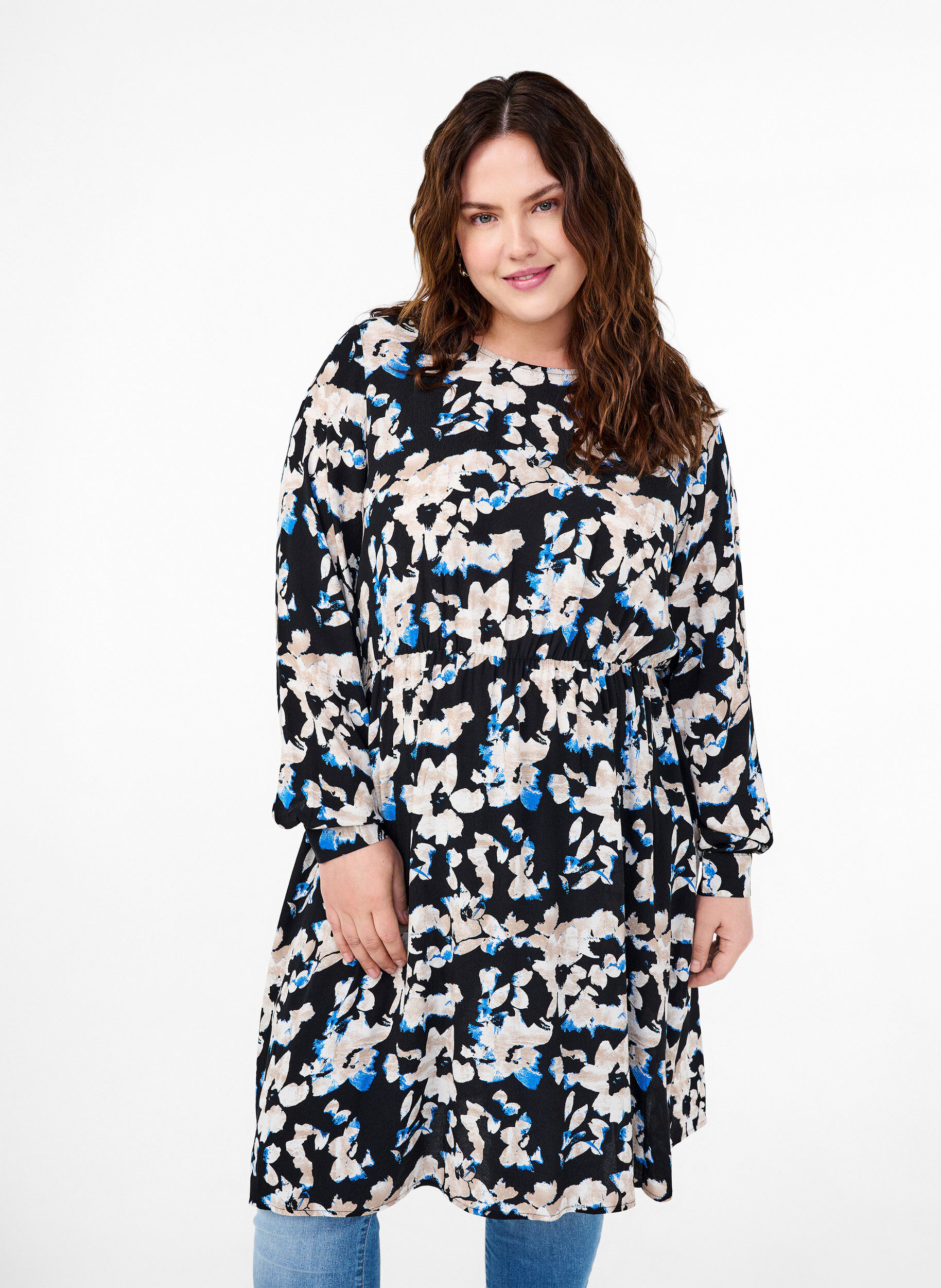 Zizzifashion Viscose dress with print and long sleeves, Black, Model image number 0