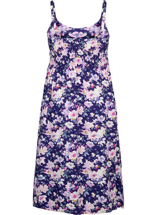 Floral viscose strap dress with smocking, Blue Flower, Packshot image number 1