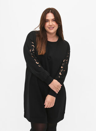 Sweat dress with embroidered details, Black, Model image number 0