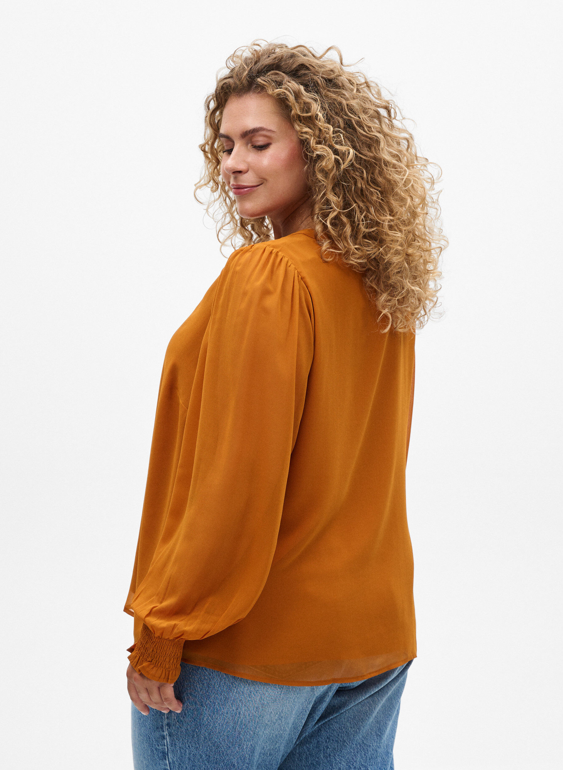 Zizzifashion Blouse with sheer sleeves and smocking, Orange, Model image number 2