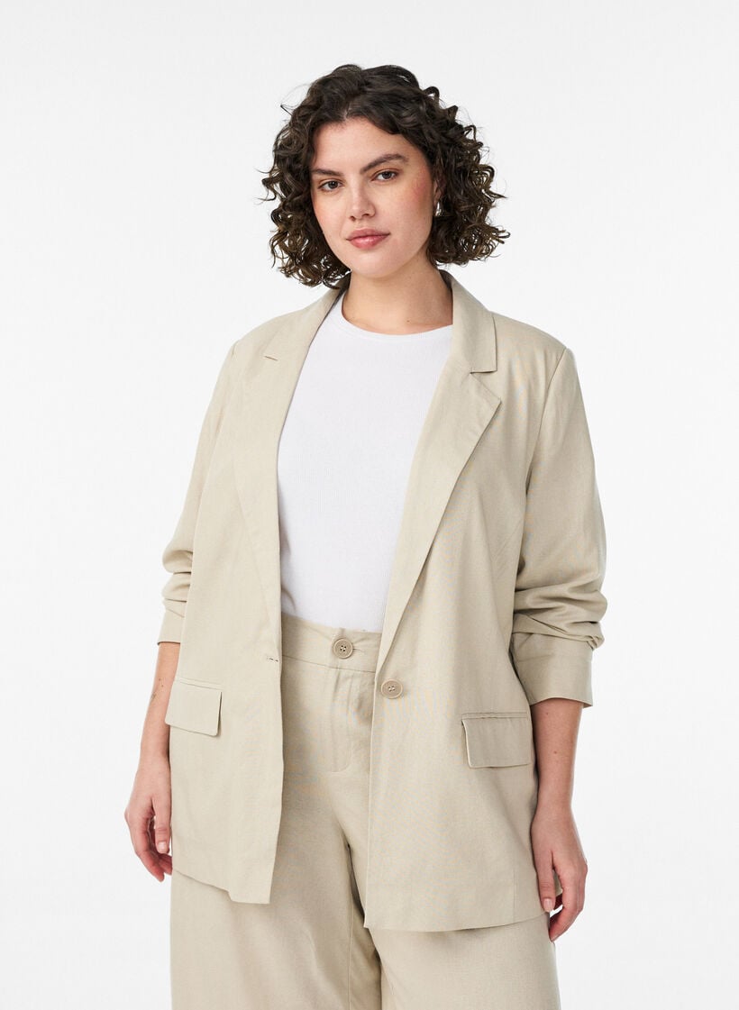 Blazer in linen and viscose with lapels and pockets, Beige, Model image number 0