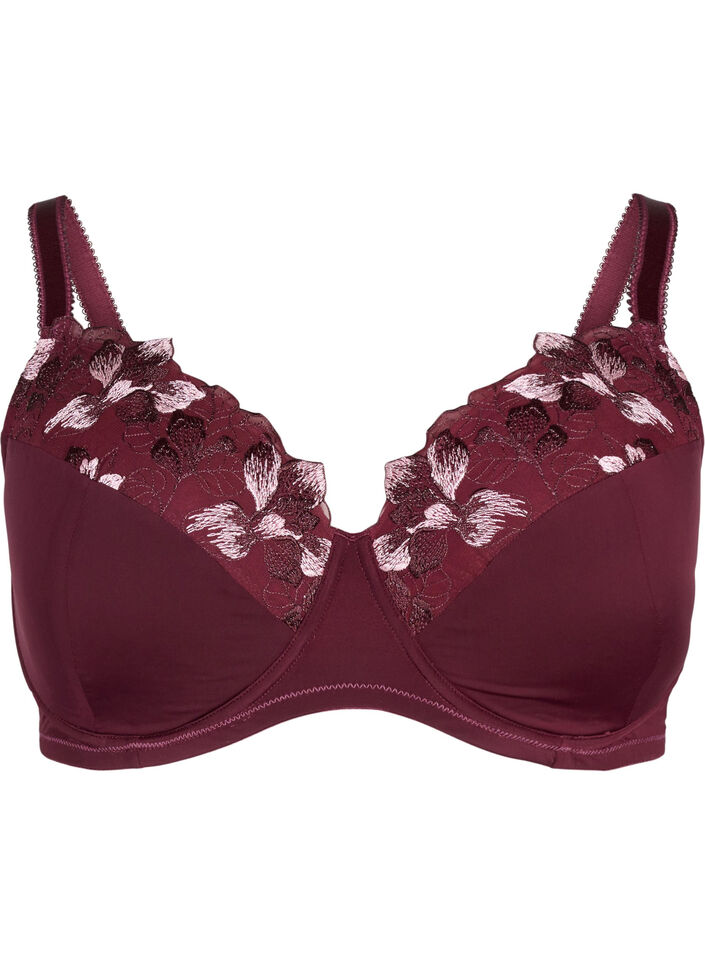 Padded bra with floral embroidery, Dark Bordeaux, Packshot image number 0