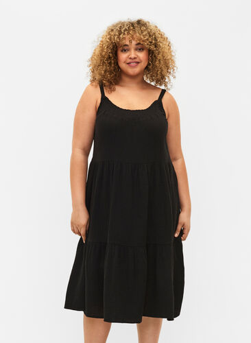 Plain cotton strap dress, Black, Model image number 0