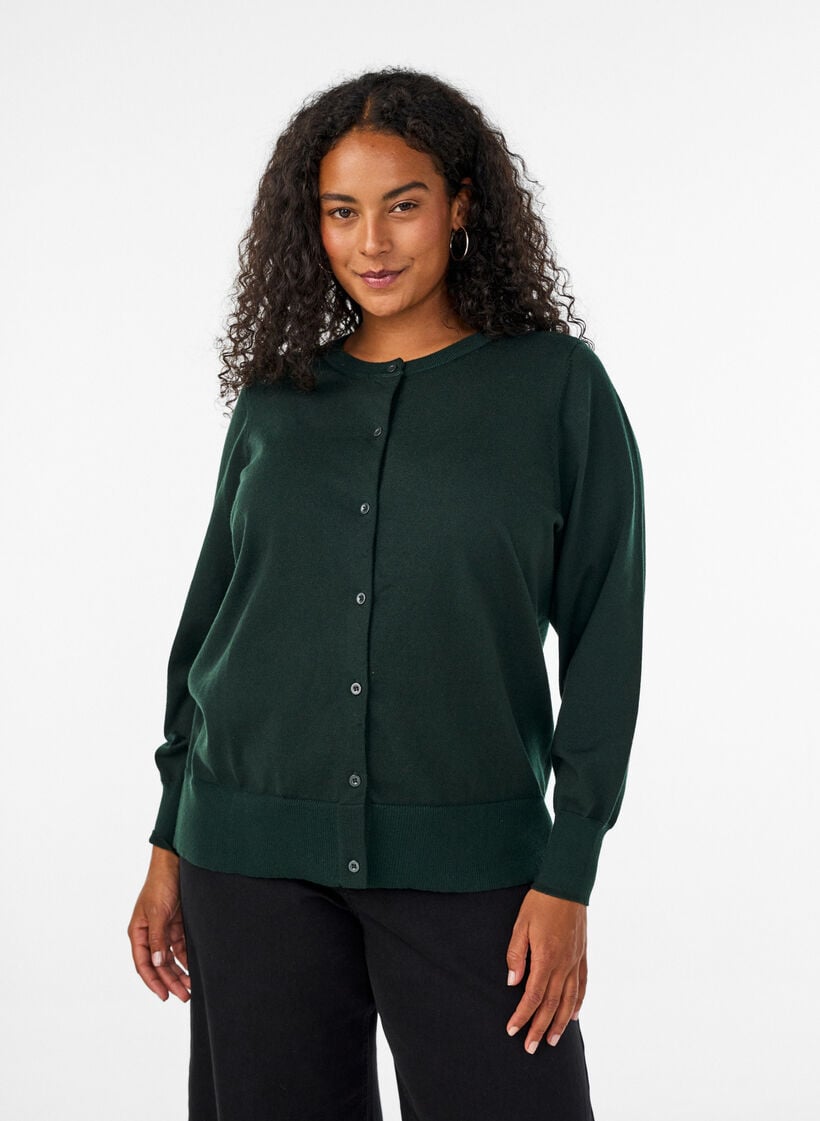 Fine-knit cardigan with a round neck, Green, Model image number 0