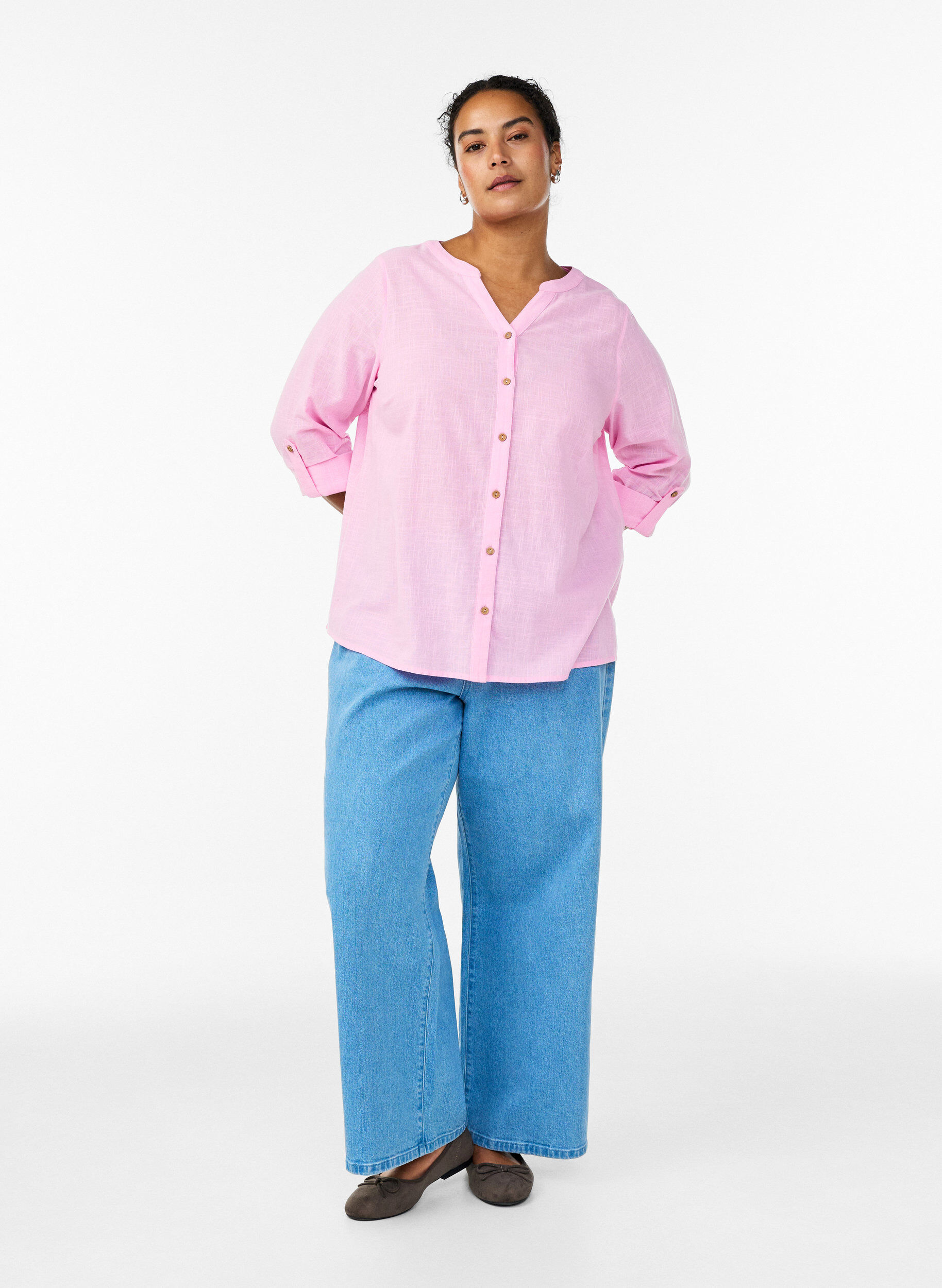 ZizzifashionCotton shirt blouse with V-neck, Pink, Model image number 1