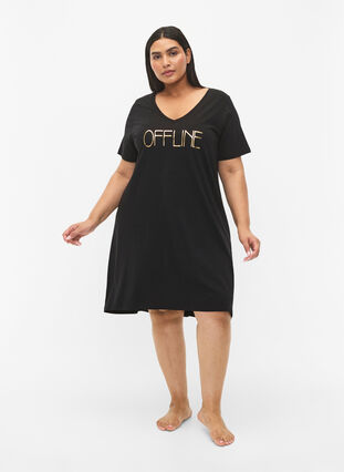 Organic cotton nightdress with V-neck (GOTS), Black Offline, Model image number 2