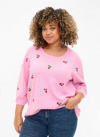 3/4 sleeve knitted blouse with cherry, B.Pink/Wh.Mel/Cherry, Model