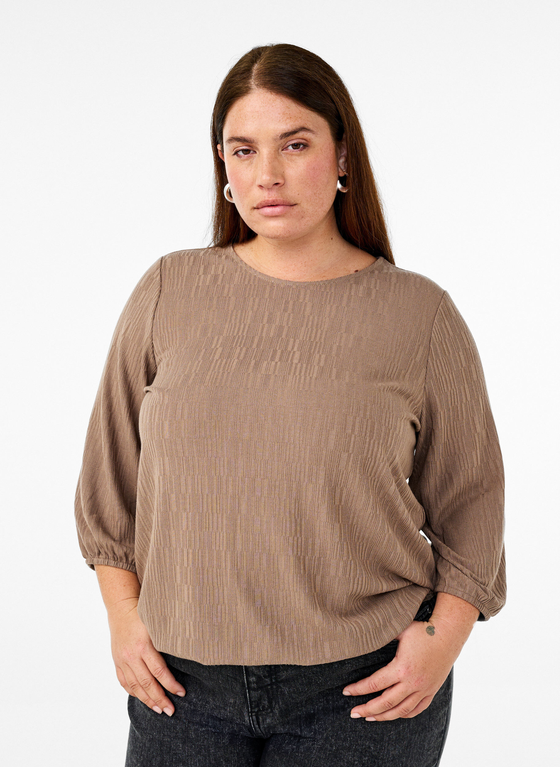 Zizzifashion Blouse with texture and 3/4 sleeves, Brown, Model image number 0