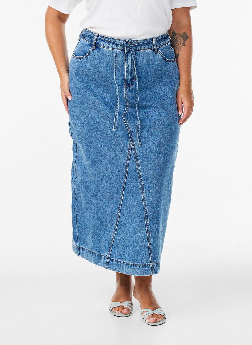 Denim maxi skirt with tie belt, Blue, Model image number 2