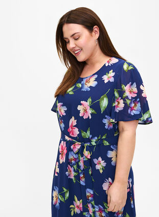 Short sleeve midi dress with floral print, Blueprint Flower AOP, Model image number 2