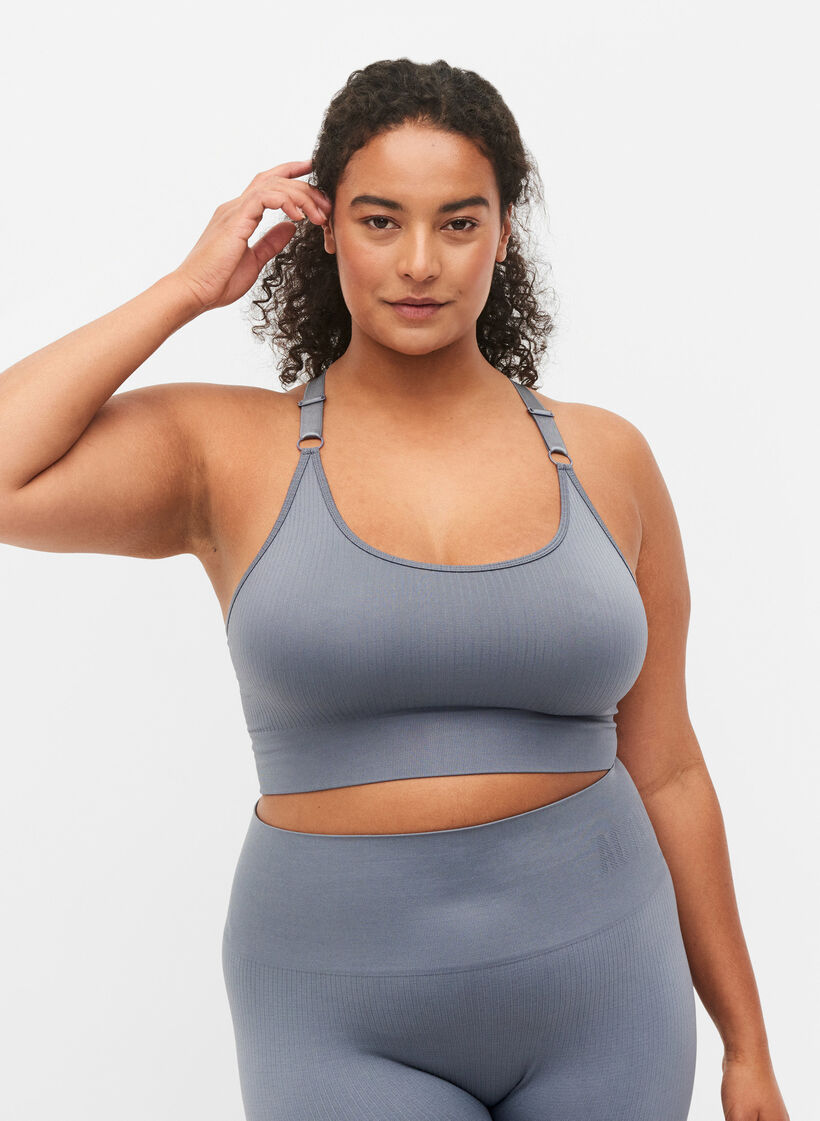 Seamless sports bra in ribbed material, Stormy Weather, Model image number 0