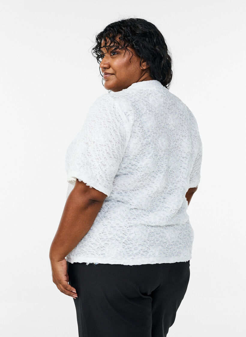 Blouse with 3D flowers and short sleeves, White, Model image number 2