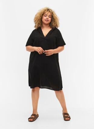 Cotton blend hooded dress with linen, Black, Model image number 2